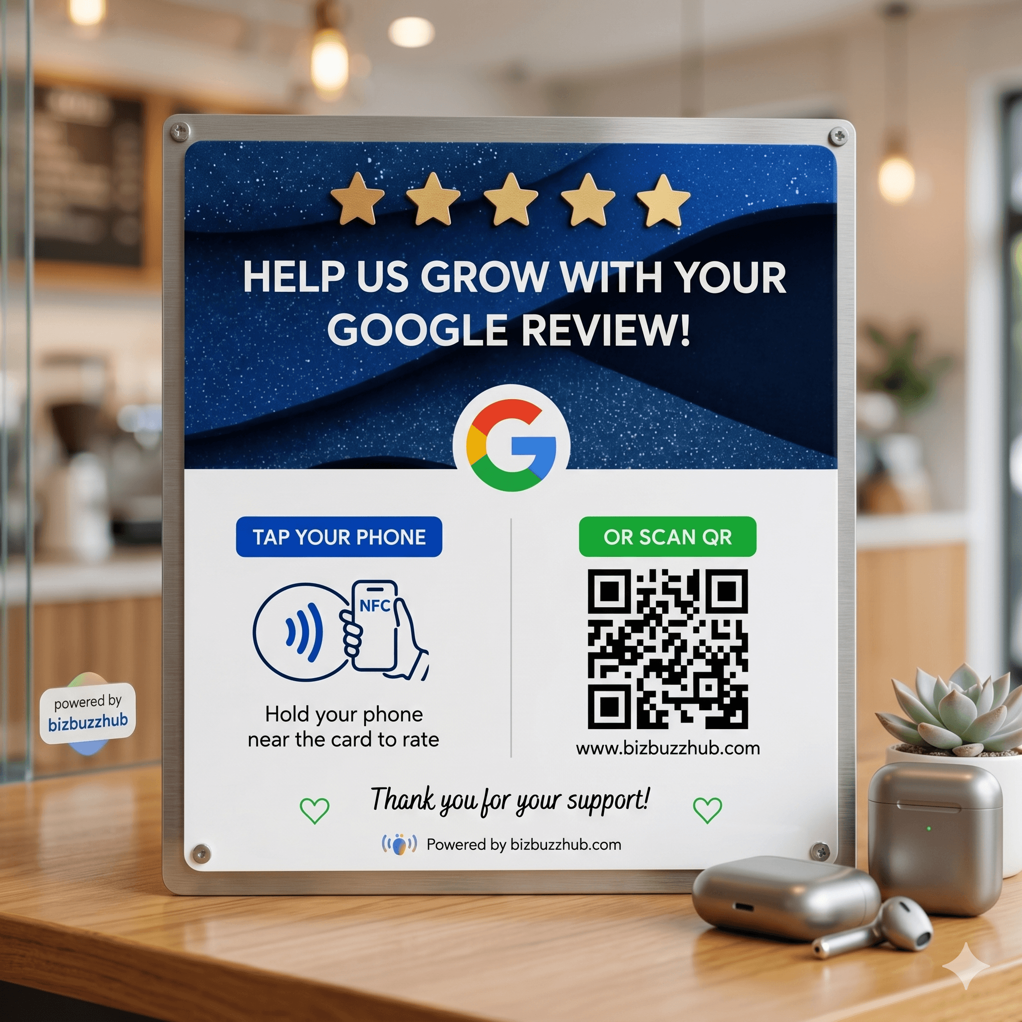 BizBuzzHub review plaque on a cafe counter — tap or scan to leave a Google review